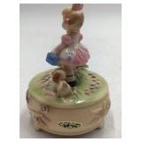 Vintage Josef Musical Figurine – Girl with Lunchbox and Dog