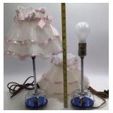 Vintage Pair of Blue Glass Base Table Lamps – Crystal Drops and Net Shades