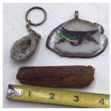 Assortment of Small Agate Geodes, Tumbled Stones, and Painted Slice Pendant
