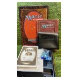 1995 Magic The Gathering "Revised" Box containing players guide, with stone pieces, and Magic bag