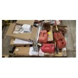 Pallet of gas cans, window blind, tripod, exterior light, mower blades, toilet seat, tractor lights and more
