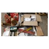 Pallet of gas cans, window blind, tripod, exterior light, mower blades, toilet seat, tractor lights and more