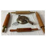 Vintage Scandinavian Krumkake Iron and Vintage Wood Rolling Pins