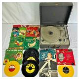 Vintage Emerson 834X Portable Record Player In Gray Case with 45 RPM records