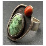 Southwestern Sterling Silver Turquoise and Coral Ring - Size 10.5