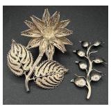 Two Sterling Silver Floral Pins
