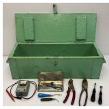 Primitive Wooden Tool Box With Some Old Tools