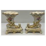 Antique Cornucopia Vases In French Porcelain 1800 Set Of 2 (Some Gold Worn Off From Age)