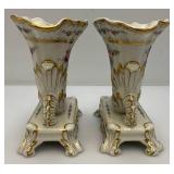 Antique Cornucopia Vases In French Porcelain 1800 Set Of 2 (Some Gold Worn Off From Age)