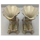 Antique Cornucopia Vases In French Porcelain 1800 Set Of 2 (Some Gold Worn Off From Age)
