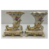 Antique Cornucopia Vases In French Porcelain 1800 Set Of 2 (Some Gold Worn Off From Age)