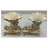 Antique Cornucopia Vases In French Porcelain 1800 Set Of 2 (Some Gold Worn Off From Age)