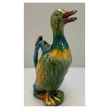 Vintage Colorful Hand Painted French Faience Majolica Mallard Duck Ceramic Jug Pitcher 12 1/2" (Crazing Present In Clear Coat, Common)