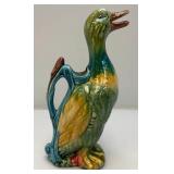 Vintage Colorful Hand Painted French Faience Majolica Mallard Duck Ceramic Jug Pitcher 12 1/2" (Crazing Present In Clear Coat, Common)