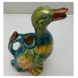 Vintage Colorful Hand Painted French Faience Majolica Mallard Duck Ceramic Jug Pitcher 12 1/2" (Crazing Present In Clear Coat, Common)