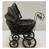 Victorian Antique Doll Pram-French Handmade Metal Doll Carriage 6" x 12" x 12"