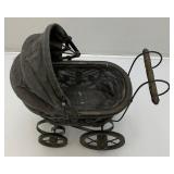 Victorian Antique Doll Pram-French Handmade Metal Doll Carriage 6" x 12" x 12"