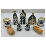 Vintage Blue Delfts Collectible Items Including RYNBENDE Airline Booze Decanters And More