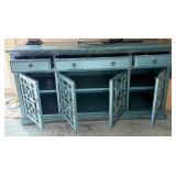 Turquoise Painted Console Cabinet With Glass-Lattice Doors - 60 in Wide, 30 in High