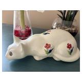 Vintage Porcelain Cat Figurine made by Alcobaca and Two Floral Vase Arrangements