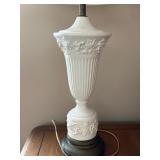 White Ceramic Urn-Base Table Lamp With Floral Relief - Approx 32 In Tall
