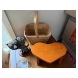 Bear Bust Sculpture with Heart-Shaped Wooden Stool, Glass Ashtrays, Wicker Basket & Jewelry Dish