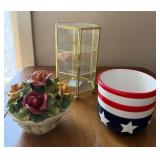 Brass-Framed Glass Display Cabinet - Italian Majolica Flower Basket with Lid - Star-Spangled Mug