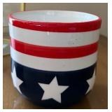 Brass-Framed Glass Display Cabinet - Italian Majolica Flower Basket with Lid - Star-Spangled Mug