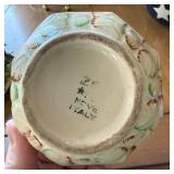 Brass-Framed Glass Display Cabinet - Italian Majolica Flower Basket with Lid - Star-Spangled Mug