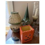 Green Metal Church Lanterns (2) - Crackle-Glaze Pots (2) - Halloween Pumpkin Box - Diamond Glass Cube