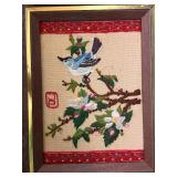 Embroidered Bird & Floral Wall Art Set - 3 Framed Cross-Stitch Panels & Seashell Decor & Matchstick Star