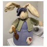 Handmade Fabric Bunny Plush - Green Jacket, Purple Dress, Shovel Accessory - 18 Inches Tall