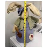Handmade Fabric Bunny Plush - Green Jacket, Purple Dress, Shovel Accessory - 18 Inches Tall
