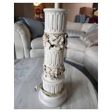 Table Lamp - White Ceramic with Floral Carved Column, 36in Tall