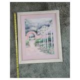 Framed Garden Scene Print - Pink Mat & Light Wood Frame