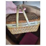 Vintage Wooden Treasure Chest, Wicker Basket & Carved Box