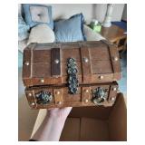 Vintage Wooden Treasure Chest, Wicker Basket & Carved Box