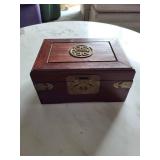 Chinese-Style Hardwood Jewelry Box with Brass Clasp, Medallion & Red Fabric Interior