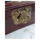 Chinese-Style Hardwood Jewelry Box with Brass Clasp, Medallion & Red Fabric Interior