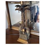 Vintage Brass Table Lamps - Palm-Tree Bird Base with Beige Shade (Lot of 2)