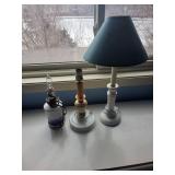 Table Lamps (Lot of 3) - Vintage Mixed Styles: White/Blue Ceramic, Wood-Pillar, Teal Shade