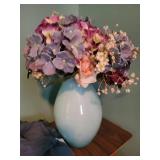 Ceramic Table Lamp with Pleated Shade & Pale Blue Hydrangea Vase
