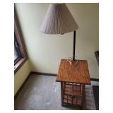 Lamp on Oak End Table with Beige Pleated Shade