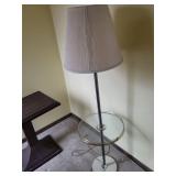 Floor Lamp With Glass Shelf - Chrome Pole & Beige Fabric Shade