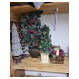 Silver Glitter Cone Christmas Tree on Pedestal with Faux Greenery & Floral Basket