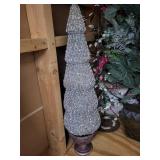 Silver Glitter Cone Christmas Tree on Pedestal with Faux Greenery & Floral Basket