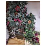 Silver Glitter Cone Christmas Tree on Pedestal with Faux Greenery & Floral Basket