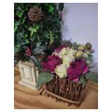 Silver Glitter Cone Christmas Tree on Pedestal with Faux Greenery & Floral Basket