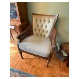 Vintage Wooden Armchairs with Tufted Upholstery and Cane Detailing