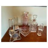 Crystal and Glass Decorative Lot: Matching Mikassa Clock, Decanters, Heart Bowl